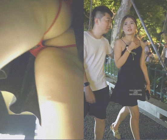 步行街一路跟蹤抄底性感短裙少婦 穿著情趣內褲隱約能看到她的小黑鮑